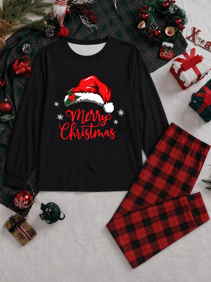 SHEIN [Excl, Baby & Kids]Christmas Style Men's Christmas Hat Print Long Sleeve Top And Pants Loungewear Set - Multicolor - View 1