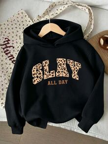 女童休閒街頭風可愛豹紋 SLAY ALL DAY 字母造型連帽衛衣，日常上學及六年級秋季穿搭，黑色 - 黑色 - 查看 3