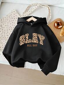 女童休閒街頭風可愛豹紋 SLAY ALL DAY 字母造型連帽衛衣，日常上學及六年級秋季穿搭，黑色 - 黑色 - 查看 5