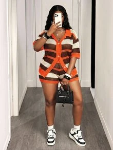 Slaydiva Red Retro 1920 Vintage Thanksgiving Plus Size Women's 2pcs Autumn Knitted Suit Set Loose Colorblock Shirtcollar Short Sleeve Shorts Evening Vacation - Orange - View 7