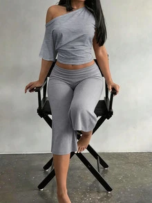BamGleam Hot Girl Style White Asymmetrical Shoulder Cropped T-Shirt + Gray Wide Leg Capri Pants Set, Casual Sexy Style 2-Piece Outfit Lounge Everyday Summer - Grey - View 2