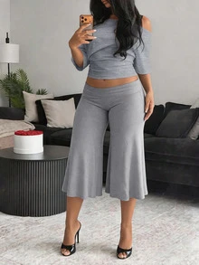 BamGleam Hot Girl Style White Asymmetrical Shoulder Cropped T-Shirt + Gray Wide Leg Capri Pants Set, Casual Sexy Style 2-Piece Outfit Lounge Everyday Summer - Grey - View 5