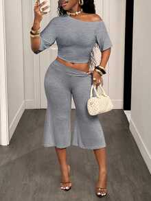 BamGleam Hot Girl Style White Asymmetrical Shoulder Cropped T-Shirt + Gray Wide Leg Capri Pants Set, Casual Sexy Style 2-Piece Outfit Lounge Everyday Summer - Grey - View 6