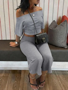 BamGleam Hot Girl Style White Asymmetrical Shoulder Cropped T-Shirt + Gray Wide Leg Capri Pants Set, Casual Sexy Style 2-Piece Outfit Lounge Everyday Summer - Grey - View 8
