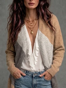 SHEIN Women's Colorblock Diagonal Stripe Casual Versatile Knit Long Cardigan With Long Sleeves, Suitable For Autumn/Winter Wear - Khaki - View 2