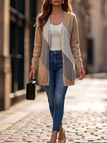 SHEIN Women's Colorblock Diagonal Stripe Casual Versatile Knit Long Cardigan With Long Sleeves, Suitable For Autumn/Winter Wear - Khaki - View 7