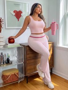 SHEIN Sovereign Charm Women's Plus Size Colorblock High Waist Daily Fitness Sports Leggings - Pink - View 7