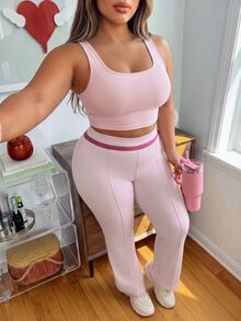 SHEIN Sovereign Charm Women's Plus Size Colorblock High Waist Daily Fitness Sports Leggings - Pink - View 4