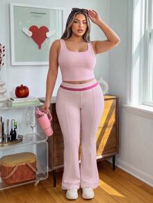 SHEIN Sovereign Charm Women's Plus Size Colorblock High Waist Daily Fitness Sports Leggings - Pink - View 5