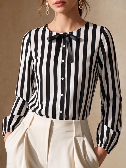 Louniche Women's Casual Commute Striped Round Neck Tie Bow Decor Lantern Sleeve Blouse, Fashion Black & White Striped Long Sleeve Shirt, Spring/Autumn