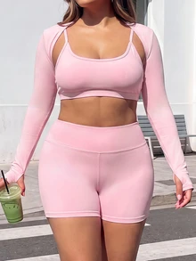 Sweetra CURVE طقم رياضي نسائي مقاس كبير بلون موحد، توب بدون أكمام قصير وشورت - وردي - مشاهدة 9