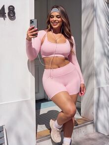 Sweetra CURVE طقم رياضي نسائي مقاس كبير بلون موحد، توب بدون أكمام قصير وشورت - وردي - مشاهدة 5