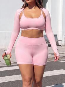 Sweetra CURVE طقم رياضي نسائي مقاس كبير بلون موحد، توب بدون أكمام قصير وشورت - وردي - مشاهدة 3