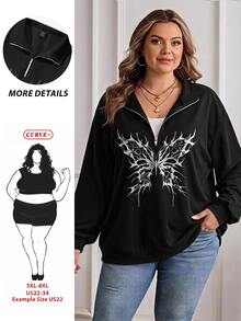 SHEIN CURVE+ Floral Pattern Wide Grey Loose Half-Zip Autumn Winter 2026 Plus Size 22W Women's Halloween Costume Fall - Black - View 1