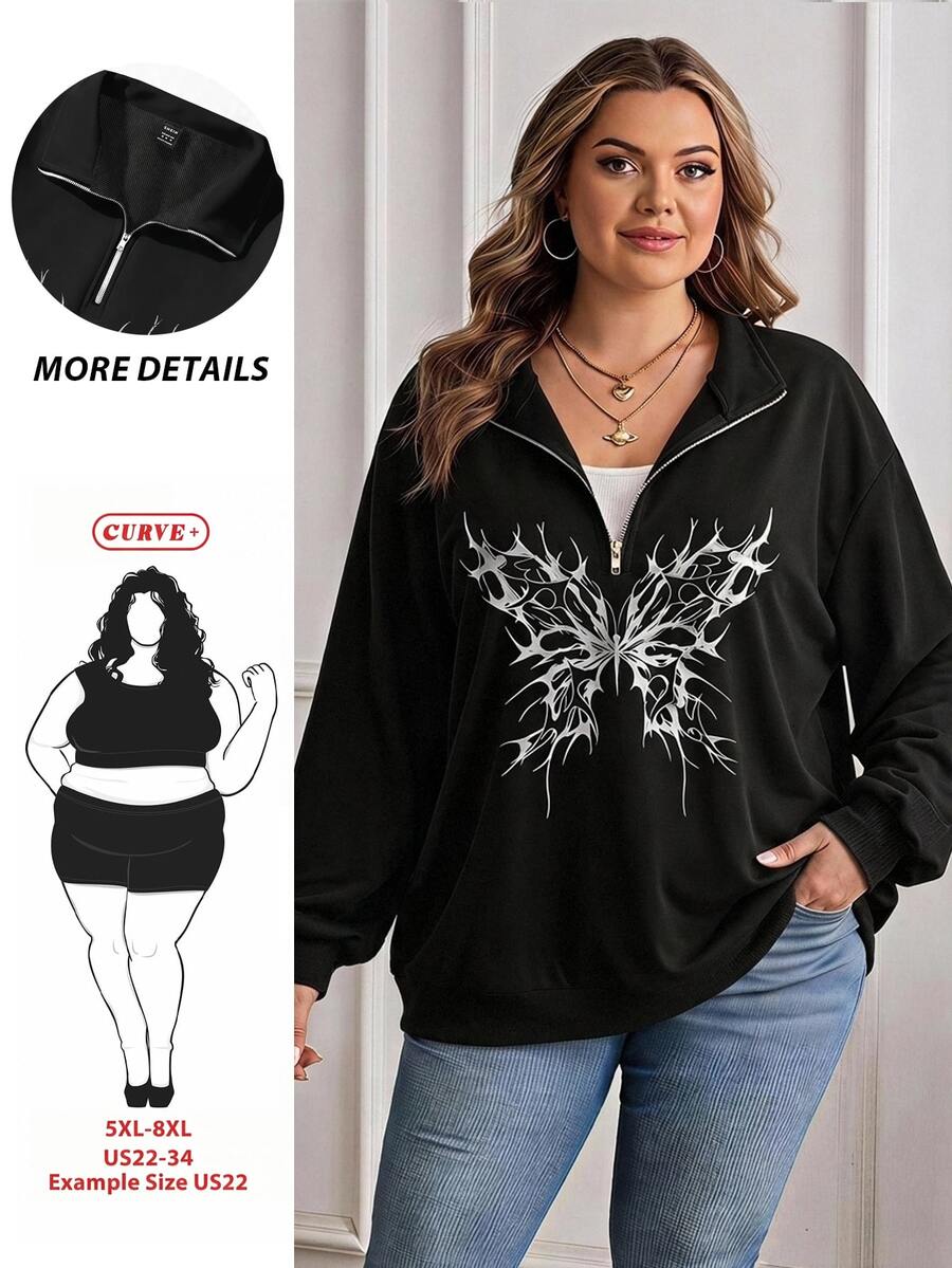 SHEIN CURVE+ Floral Pattern Wide Grey Loose Half-Zip Autumn Winter 2026 Plus Size 22W Women's Halloween Costume Fall - Black - View 1
