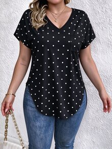 EMERY ROSE V-Neck Black Polka Dot Short-Sleeved Casual T-Shirt - Multicolor - View 5