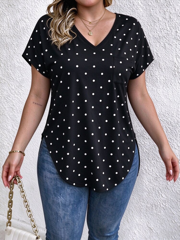 EMERY ROSE V-Neck Black Polka Dot Short-Sleeved Casual T-Shirt - Multicolor - View 5