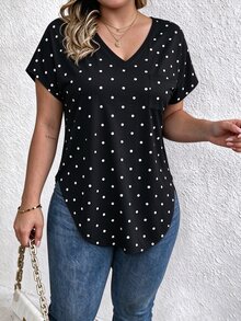 EMERY ROSE V-Neck Black Polka Dot Short-Sleeved Casual T-Shirt - Multicolor - View 3