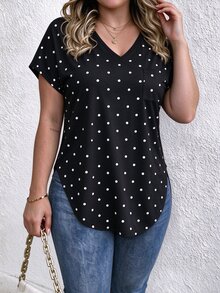 EMERY ROSE V-Neck Black Polka Dot Short-Sleeved Casual T-Shirt - Multicolor - View 4