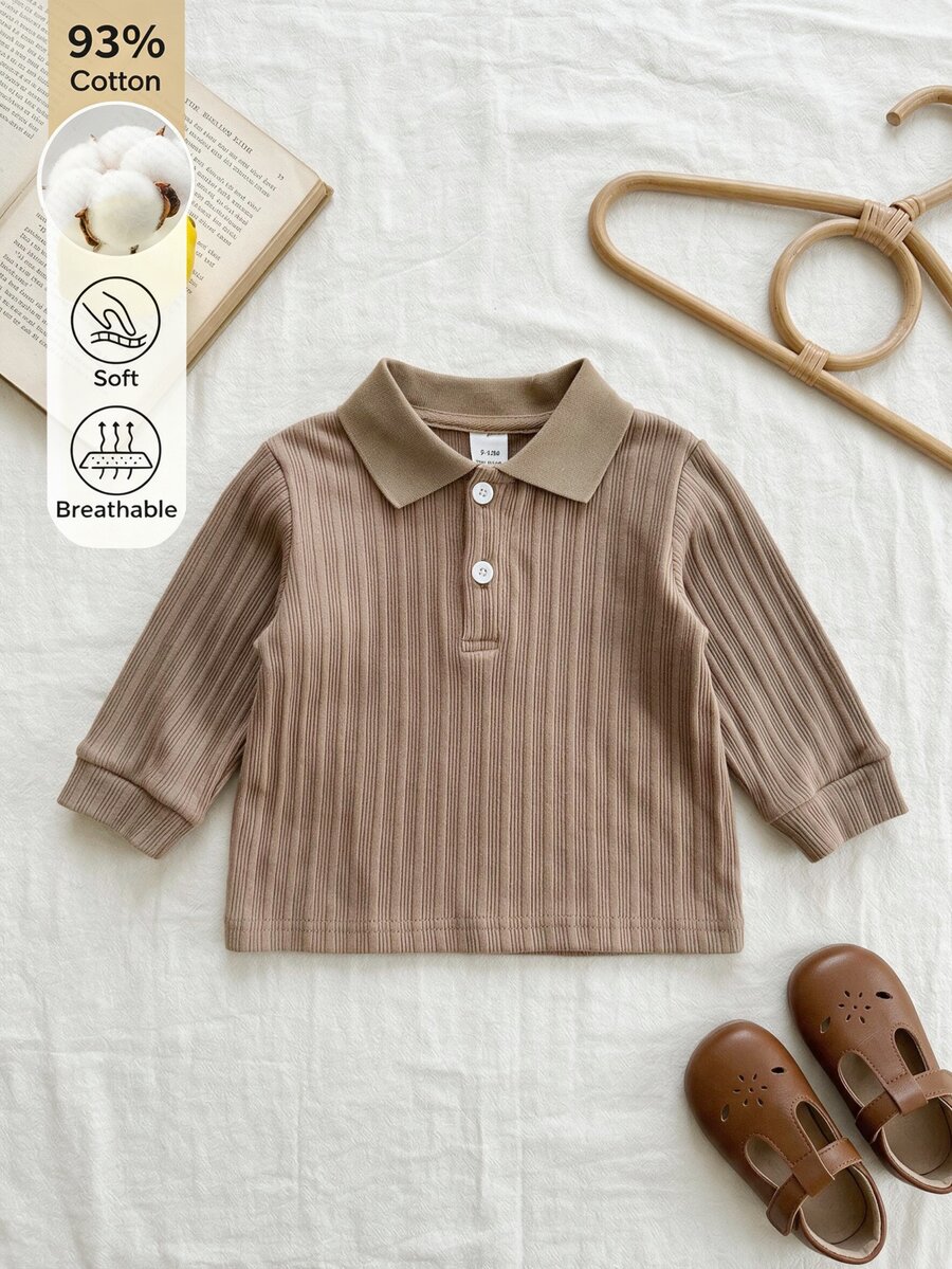 SHEIN Baby Polo Neck Long Sleeve Shirt, Vertical Rib Knit Button Henley Top, Soft Stretch Casual Winter 2026 Tee For Infant Toddler - Brown - View 1