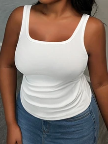 Slaydiva Casual Baggy Deep U-Neck Narrow Ribbed Women's Plus Size Regular Tank Top, White, Sleeveless Texture, Folded Pleated Detail Side Formal Summer - White - View 5