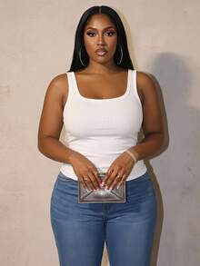 Slaydiva Casual Baggy Deep U-Neck Narrow Ribbed Women's Plus Size Regular Tank Top, White, Sleeveless Texture, Folded Pleated Detail Side Formal Summer - White - View 2