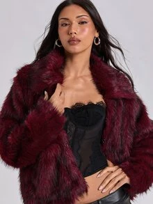 ROMWE Fall/Winter Y2K Sexy Loose Faux Fur Jacket For Women - Burgundy - View 1