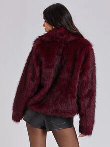 ROMWE Fall/Winter Y2K Sexy Loose Faux Fur Jacket For Women - Burgundy - View 4