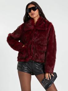ROMWE Fall/Winter Y2K Sexy Loose Faux Fur Jacket For Women - Burgundy - View 7