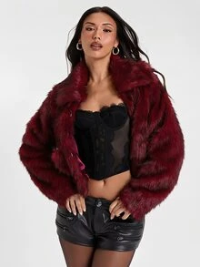 ROMWE Fall/Winter Y2K Sexy Loose Faux Fur Jacket For Women - Burgundy - View 6