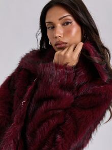 ROMWE Fall/Winter Y2K Sexy Loose Faux Fur Jacket For Women - Burgundy - View 2