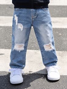 Young Boys Hip Hop Style Distressed Ripped Denim Pants, Comfort Casual Elastic Waist Streetwear Washed Pocket Jeans Autumn Winter - Light Wash - View 1