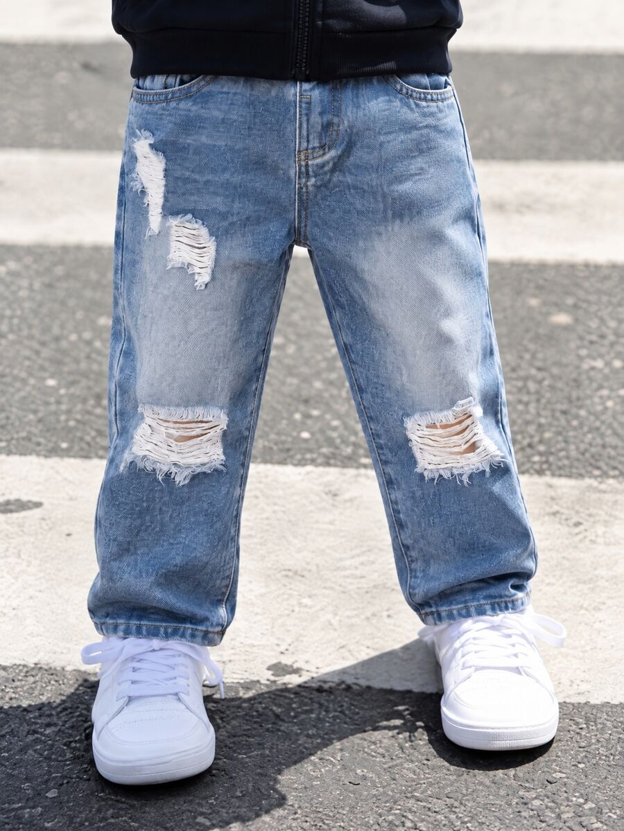 Young Boys Hip Hop Style Distressed Ripped Denim Pants, Comfort Casual Elastic Waist Streetwear Washed Pocket Jeans Autumn Winter - Light Wash - View 1