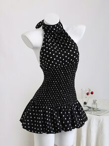 Elamini Polka Dot High Neck Waist Back Cut-Out Tie-Up Hem Contrast Ruffle Mini Dress, Elegant & Romantic For Beach, Daily Outing, Date - Black - View 3