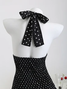 Elamini Polka Dot High Neck Waist Back Cut-Out Tie-Up Hem Contrast Ruffle Mini Dress, Elegant & Romantic For Beach, Daily Outing, Date - Black - View 7