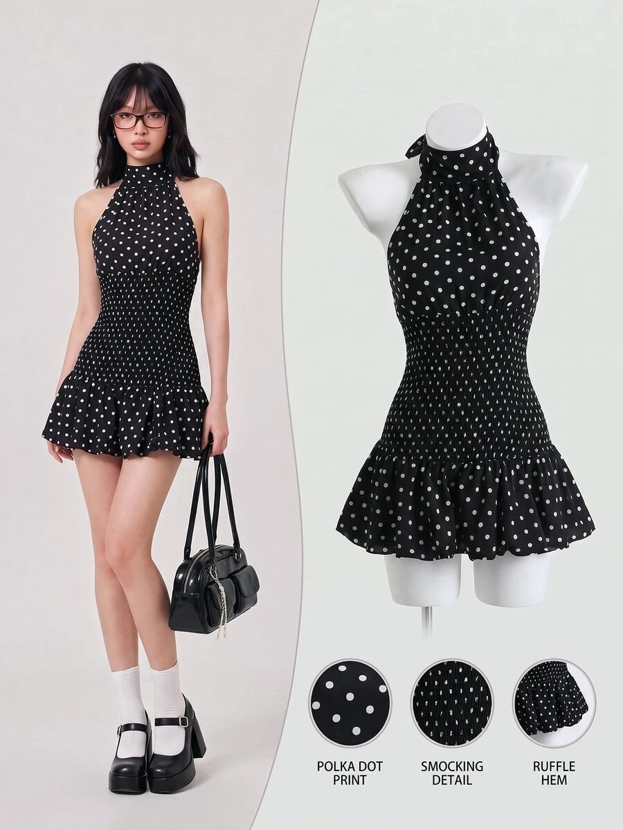 Elamini Polka Dot High Neck Waist Back Cut-Out Tie-Up Hem Contrast Ruffle Mini Dress, Elegant & Romantic For Beach, Daily Outing, Date - Black - View 1