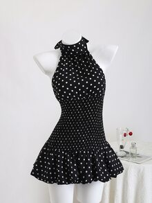 Elamini Polka Dot High Neck Waist Back Cut-Out Tie-Up Hem Contrast Ruffle Mini Dress, Elegant & Romantic For Beach, Daily Outing, Date - Black - View 5