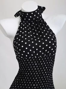 Elamini Polka Dot High Neck Waist Back Cut-Out Tie-Up Hem Contrast Ruffle Mini Dress, Elegant & Romantic For Beach, Daily Outing, Date - Black - View 6