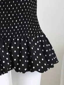 Elamini Polka Dot High Neck Waist Back Cut-Out Tie-Up Hem Contrast Ruffle Mini Dress, Elegant & Romantic For Beach, Daily Outing, Date - Black - View 8