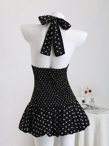 Elamini Polka Dot High Neck Waist Back Cut-Out Tie-Up Hem Contrast Ruffle Mini Dress, Elegant & Romantic For Beach, Daily Outing, Date - Black - View 2