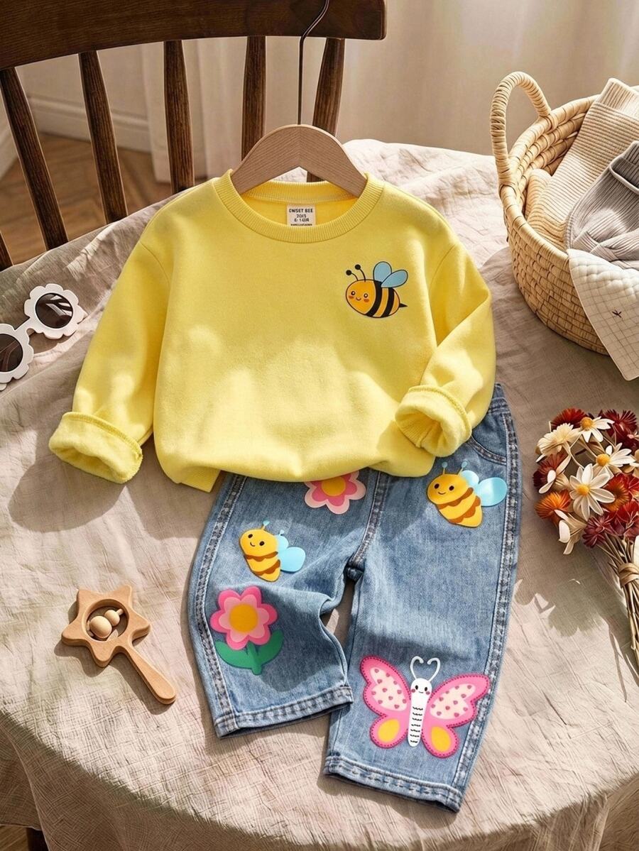 SHEIN 兒童黃色卡通蜜蜂刺繡運動衫搭配藍色寬腿褲 2件套,春夏秋季嬰兒休閒童裝,蝴蝶蓮花貼布裝飾可愛童裝 - 黃色 - 查看 1