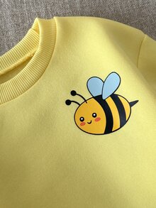 SHEIN 兒童黃色卡通蜜蜂刺繡運動衫搭配藍色寬腿褲 2件套，春夏秋季嬰兒休閒童裝，蝴蝶蓮花貼布裝飾可愛童裝 - 黃色 - 查看 6