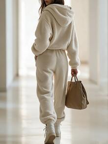 SHEIN Slouchy Hooded Thick Bubble Fleece Jumpsuit Women Zipper Large Pockets Plush Home & Outdoor Wear - Beige - View 2