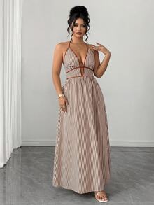 Elenzga Plus Size Women Striped Tie-Up Long Jumpsuit - Multicolor - View 5