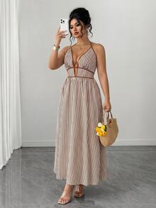 Elenzga Plus Size Women Striped Tie-Up Long Jumpsuit - Multicolor - View 6