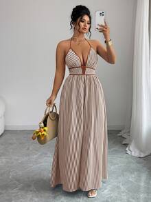 Elenzga Plus Size Women Striped Tie-Up Long Jumpsuit - Multicolor - View 1