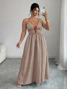 Elenzga Plus Size Women Striped Tie-Up Long Jumpsuit - Multicolor - View 9