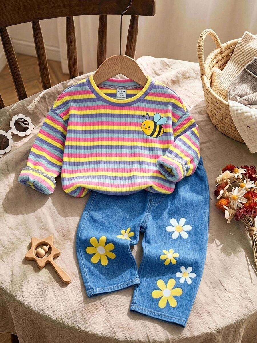 SHEIN 兒童彩虹條紋卡通蜜蜂刺繡衛衣與藍色花卉休閒長褲2件套,可愛童裝套裝,適合春、夏、秋季 - 彩色 - 查看 1