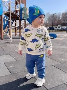 SHEIN Set Baju Pullover Longgar Bahu Kancing Jepret dan Celana Olahraga Kasual Bermotif untuk Bayi Baru Lahir, Tebal, Cocok untuk Musim Dingin - Blue and White - View 9