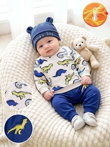 SHEIN Set Baju Pullover Longgar Bahu Kancing Jepret dan Celana Olahraga Kasual Bermotif untuk Bayi Baru Lahir, Tebal, Cocok untuk Musim Dingin - Blue and White - View 1